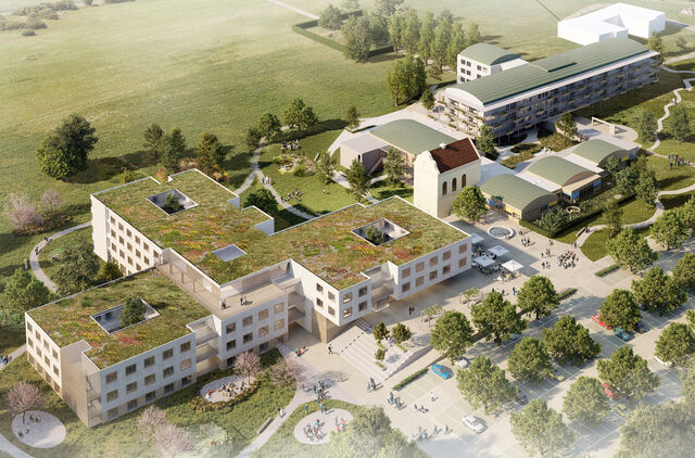 Schaubild von Clementinum Neuerrichtung Schaubild von Clementinum Neuerrichtung: Moderner Neubau im Grünen, mit begrüntem Dach.